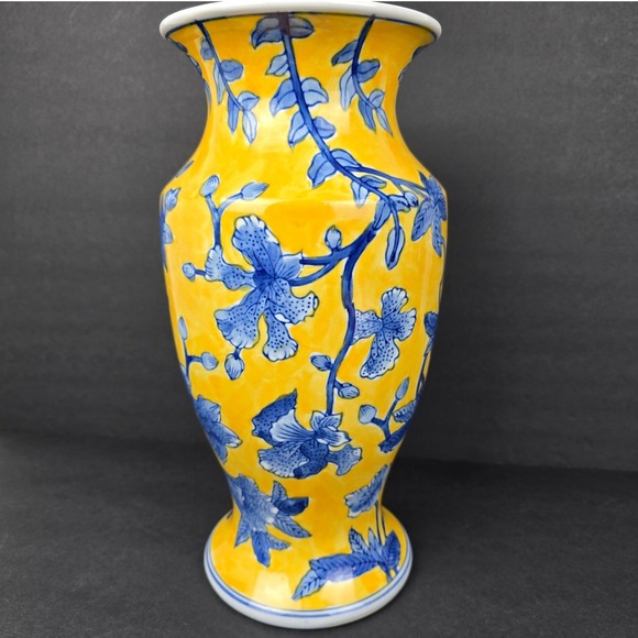 Vintage Yellow Blue Floral Porcelain Vase 13.5" Chinoiserie China - Picture 2 of 8